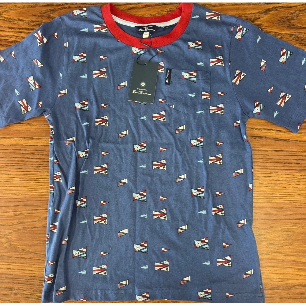 Ben Sherman Boys Nautical Flag Print T-Shirt Blue Red Crew Neck Size M 10/12 NWT